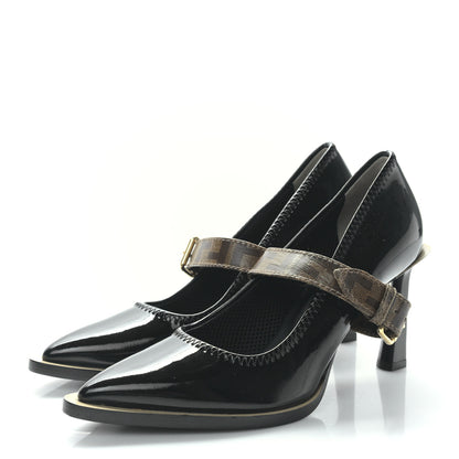 Fendi Glossy Neoprene Glazed Fabric FF FFrame Court Mary Jane Slingback Pumps 38 Black Tobacco Moro 3 of 7
