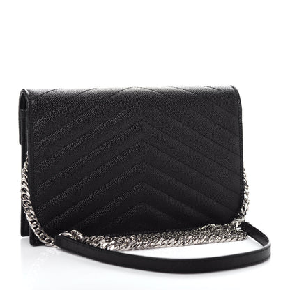 Saint Laurent Grain De Poudre Matelasse Chevron Monogram Envelope Chain Wallet Black 3 of 10