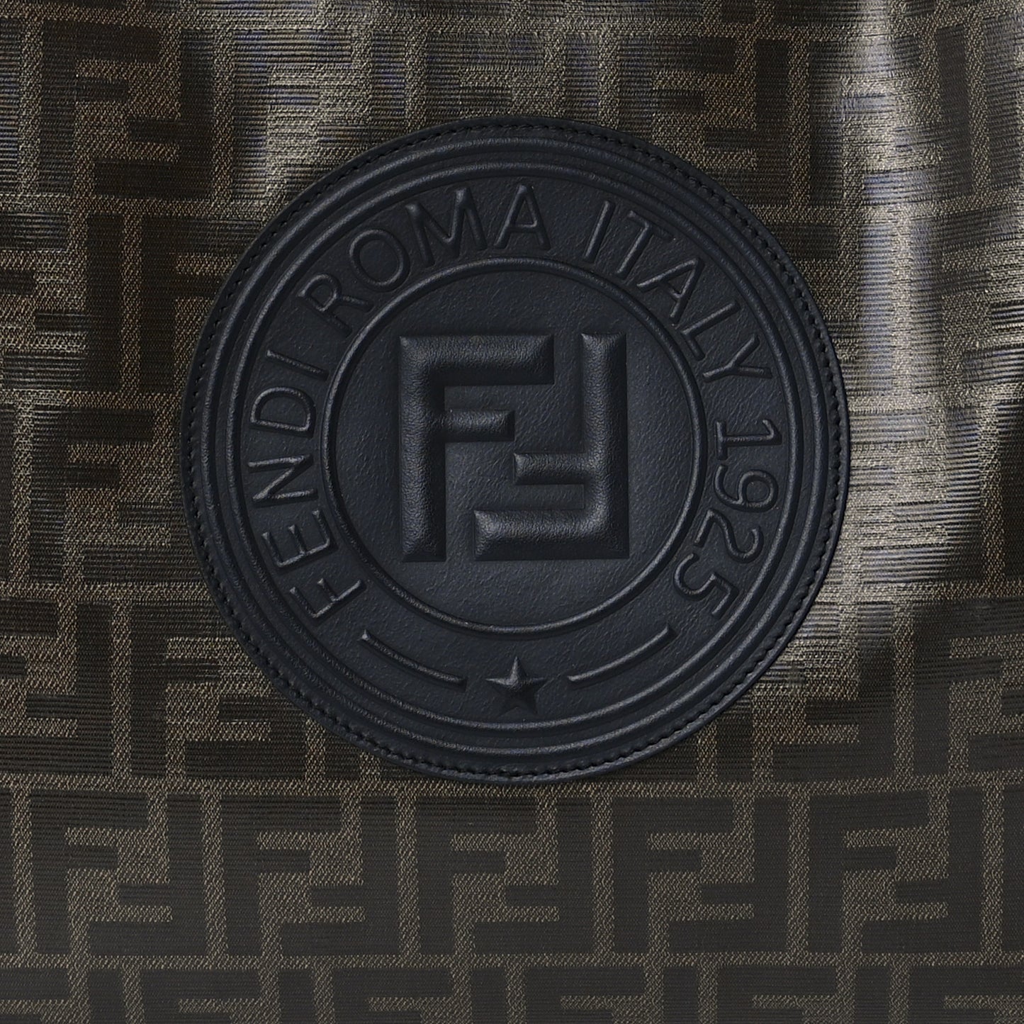 Glazed Fabric Vitello Century Plexiglass FF 1974 Stamp Patch Medium Runaway Shopper Tote Mogano Panna Black