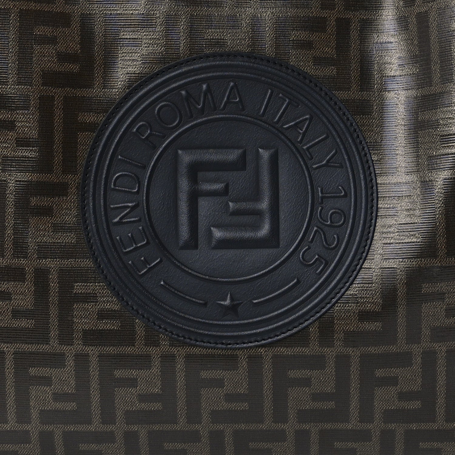 Fendi Glazed Fabric Vitello Century Plexiglass FF 1974 Stamp Patch Medium Runaway Shopper Tote Mogano Panna Black 10 of 14
