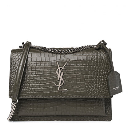 Saint Laurent Calfskin Crocodile Embossed Medium Monogram Sunset Khaki Green 1 of 5