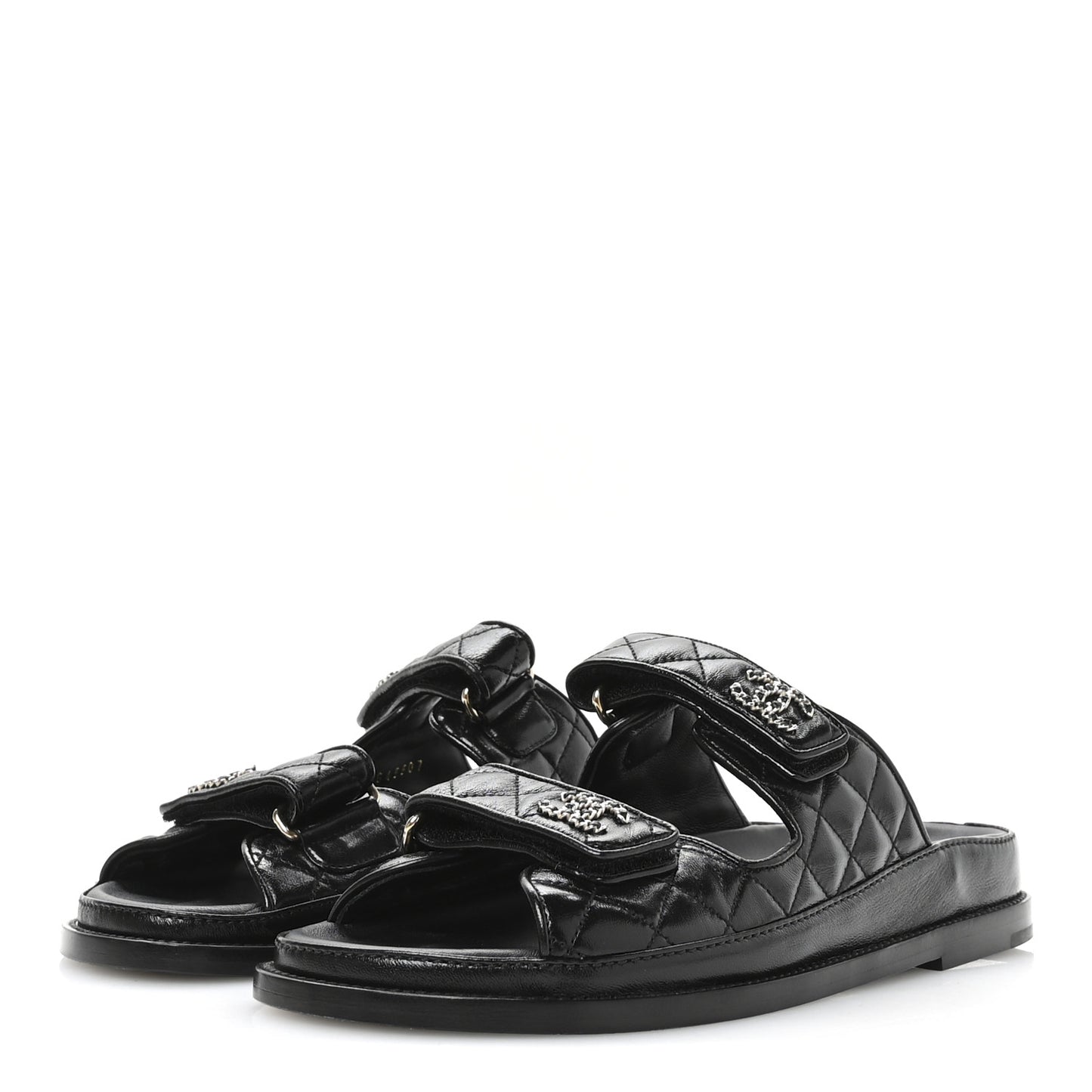 Lambskin Quilted Velcro Dad Chain CC Slide Sandals 39 Black