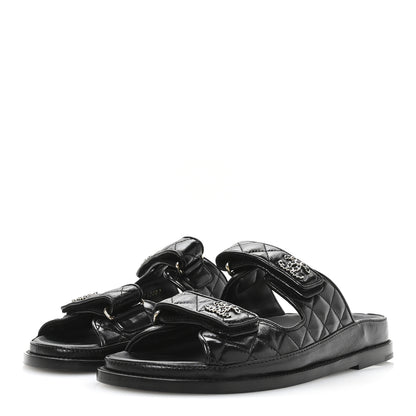 Chanel Lambskin Quilted Velcro Dad Chain CC Slide Sandals 39 Black 4 of 10
