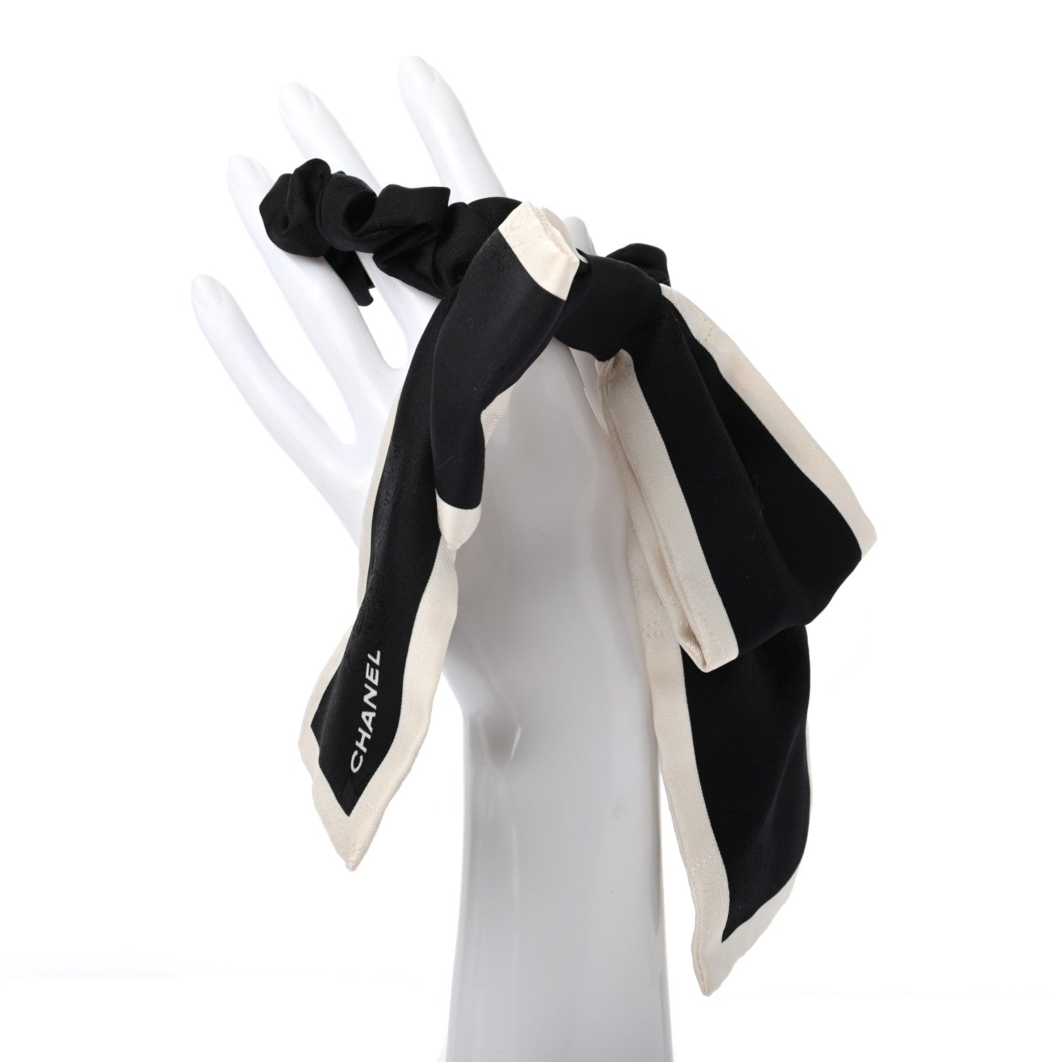 Chanel Silk Hair Tie Black Ivory 2 of 5