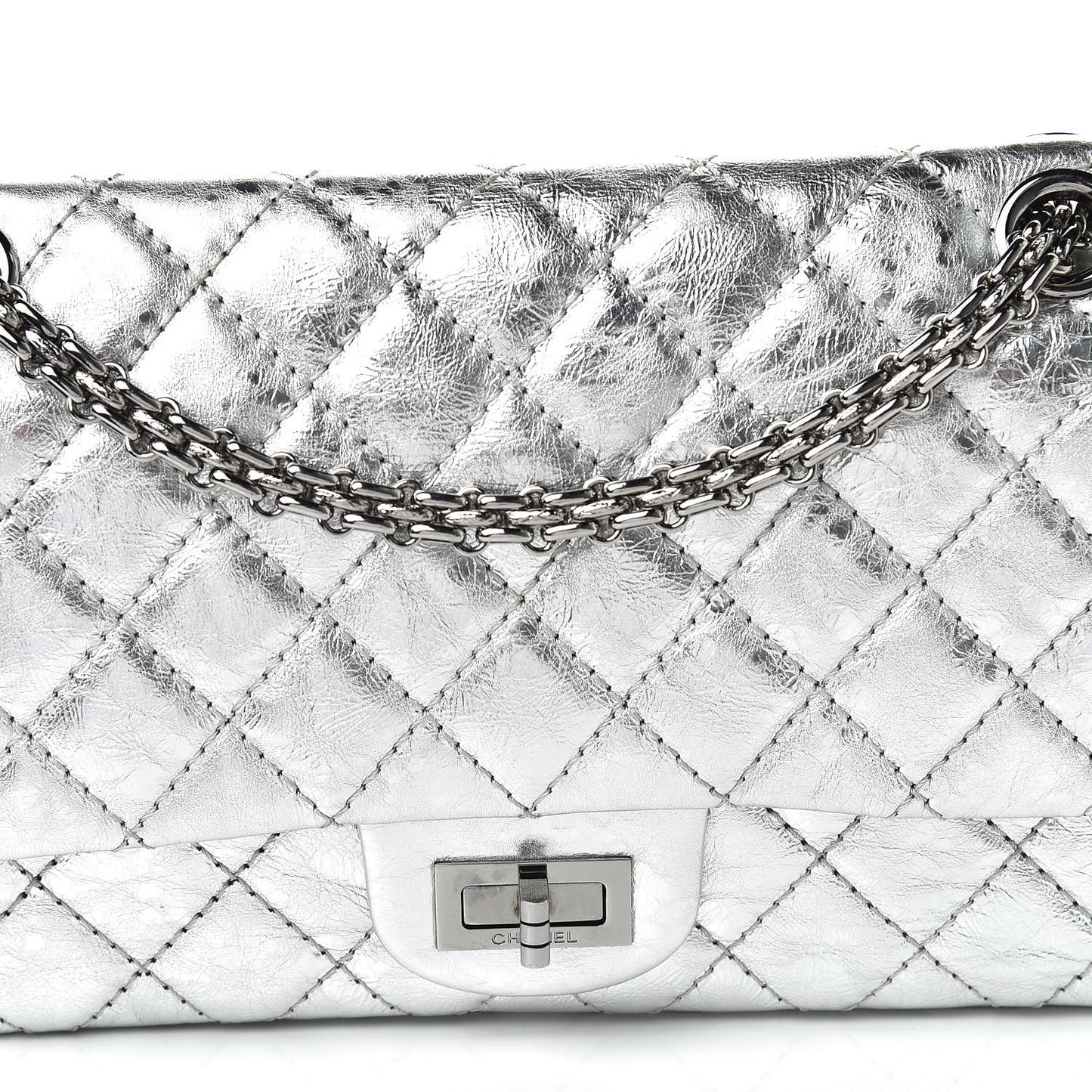 Metallic Aged Calfskin Quilted 2.55 Reissue 225 Flap Silver