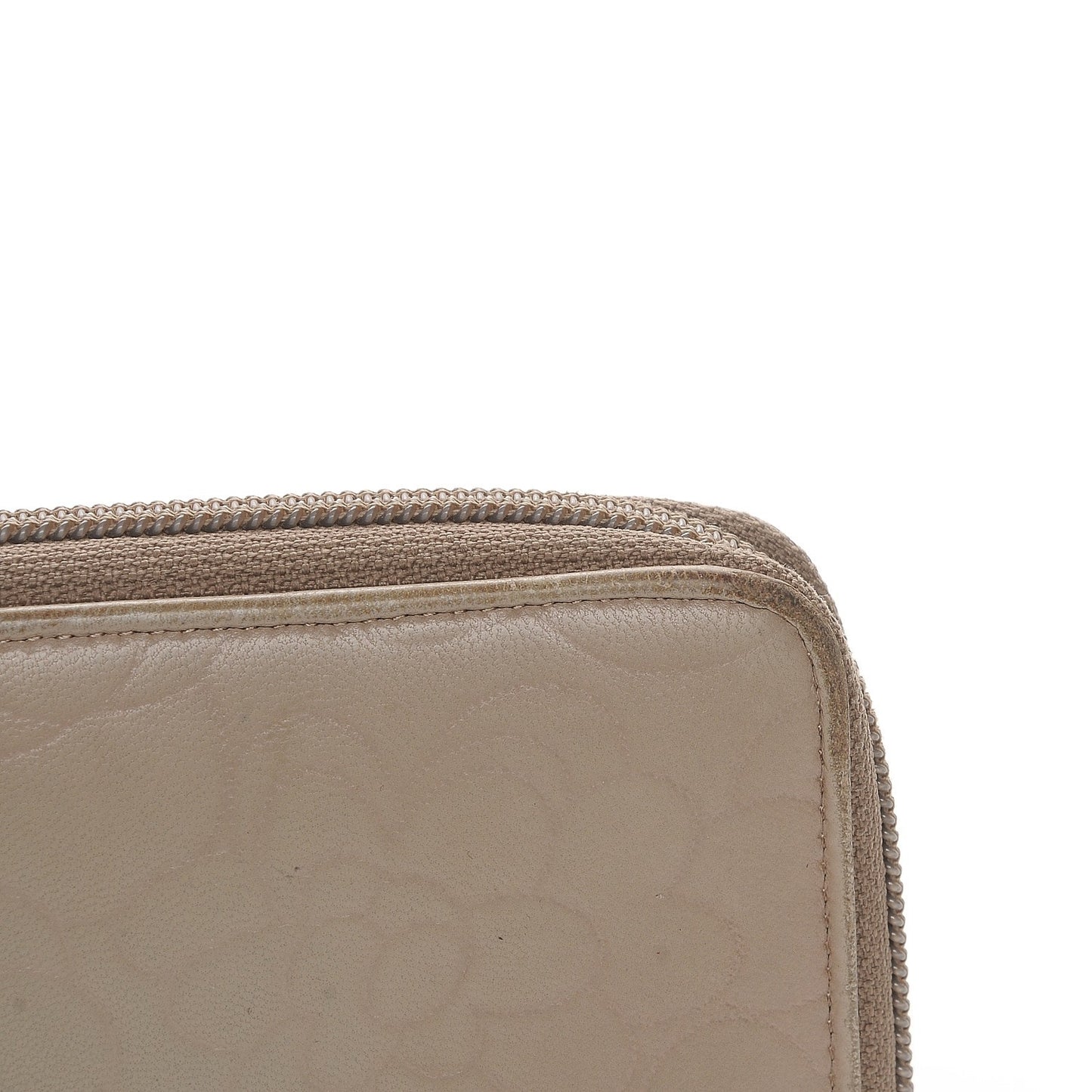 Lambskin Camellia Embossed Large Gusset Zip Around Wallet Beige