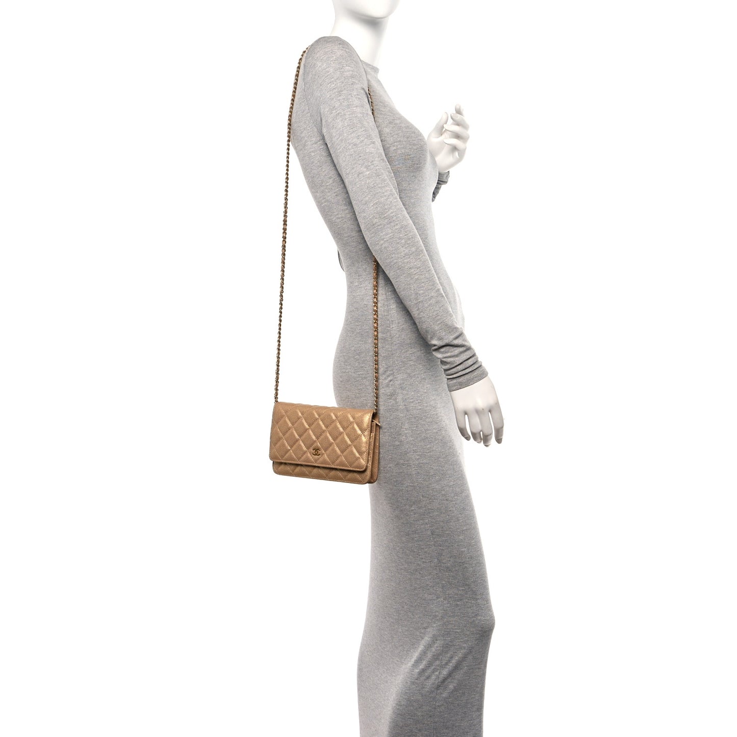 Pearly Caviar Quilted Wallet On Chain WOC Gold