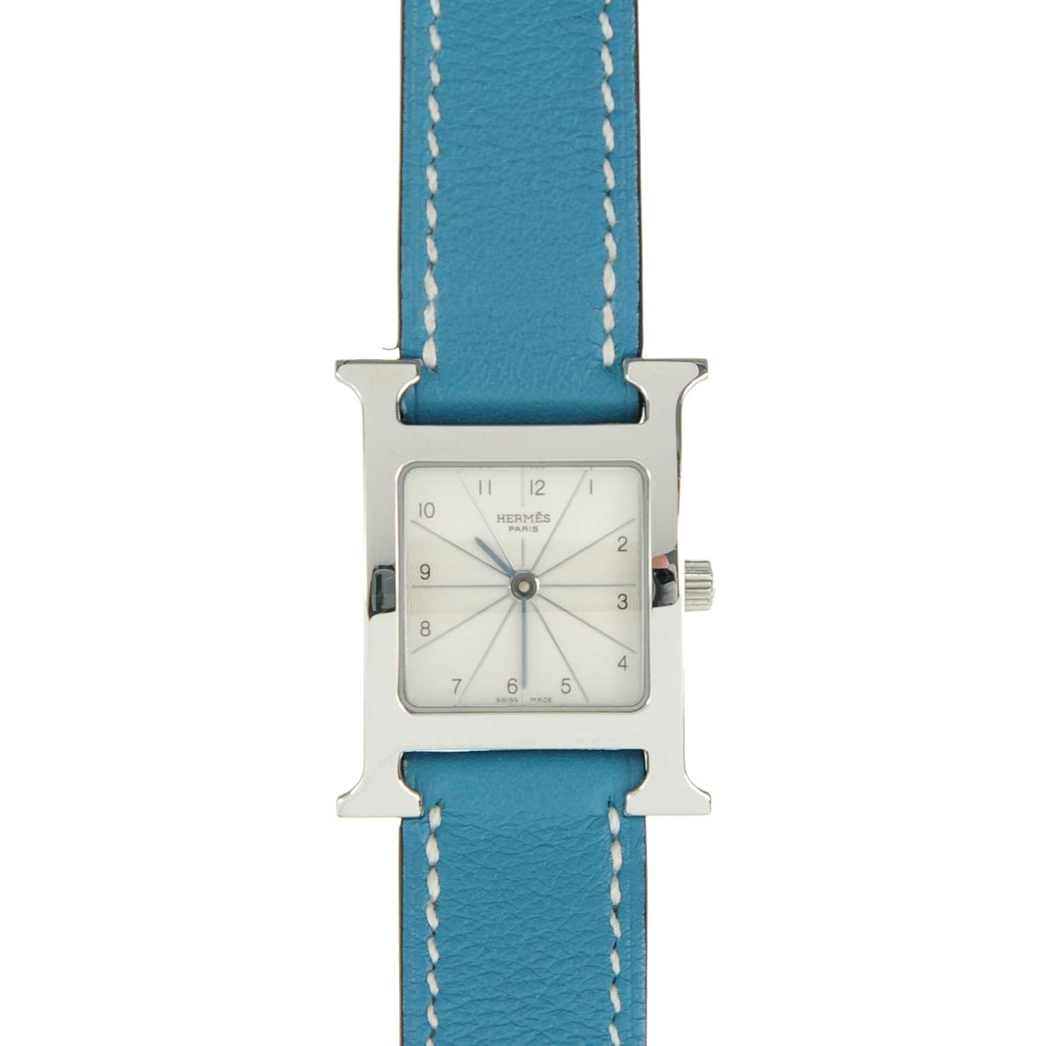 Hermes Stainless Steel Swift 21mm Heure H Hour Double Tour Quartz Watch Blue Jean 1 of 12