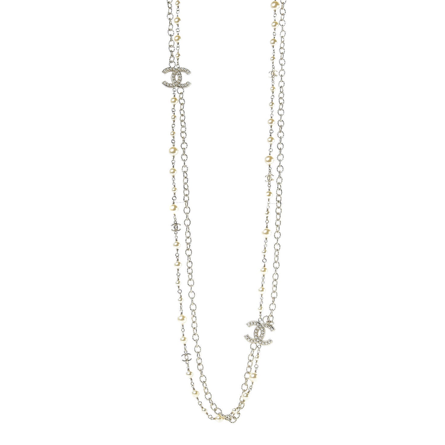 Graduated Pearl Double Chain CC Long Necklace Golden Pearly White