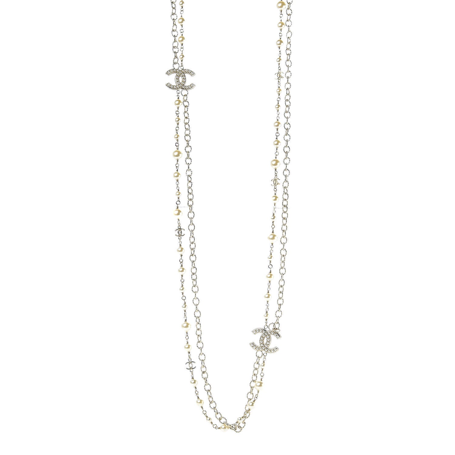 Chanel Graduated Pearl Double Chain CC Long Necklace Golden Pearly White 1 of 6