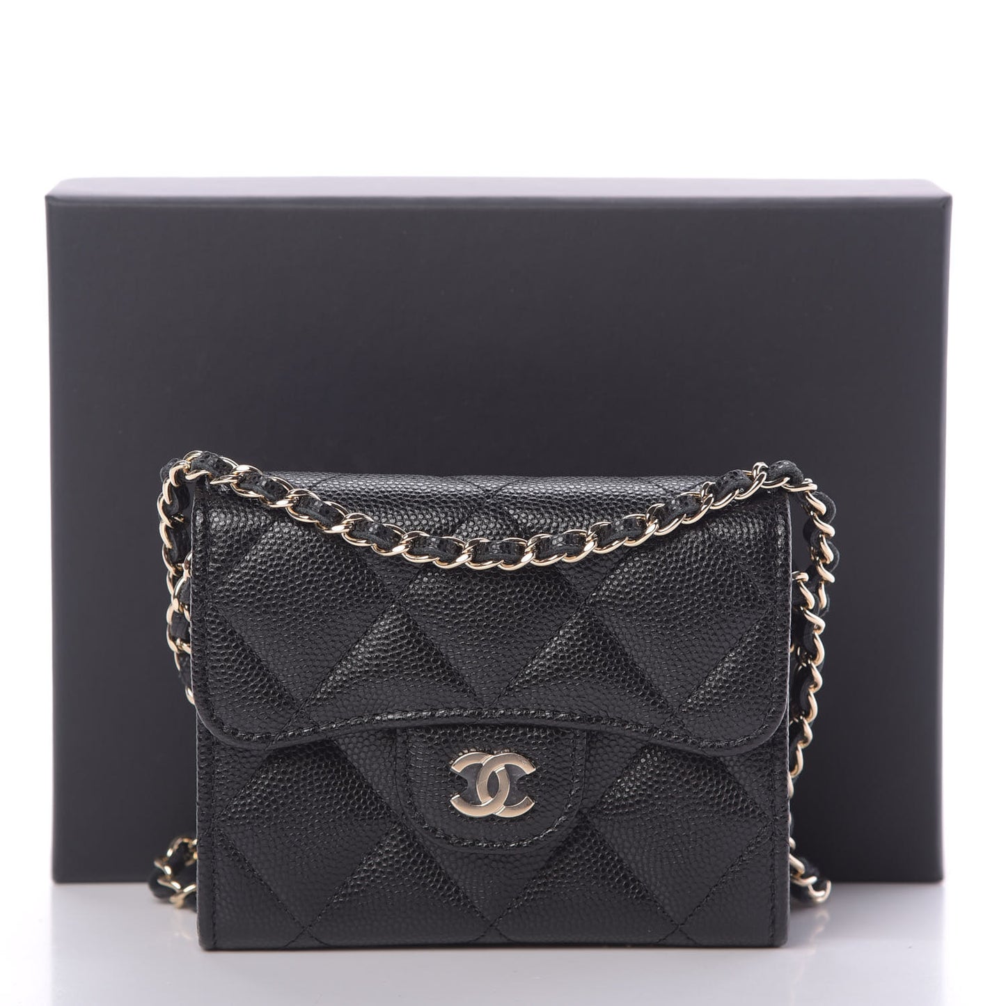 Caviar Quilted Flap Card Holder On Chain Black