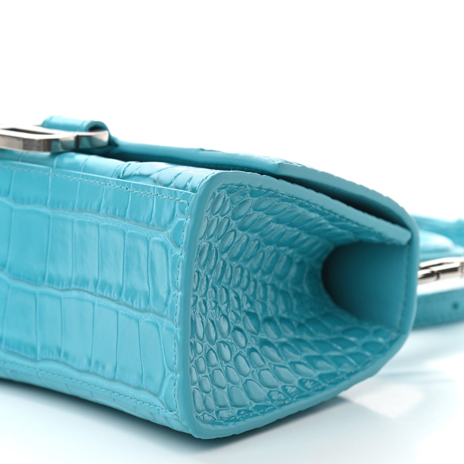 Balenciaga Shiny Calfskin Crocodile Embossed Hourglass Top Handle Bag XS Turquoise 10 of 10