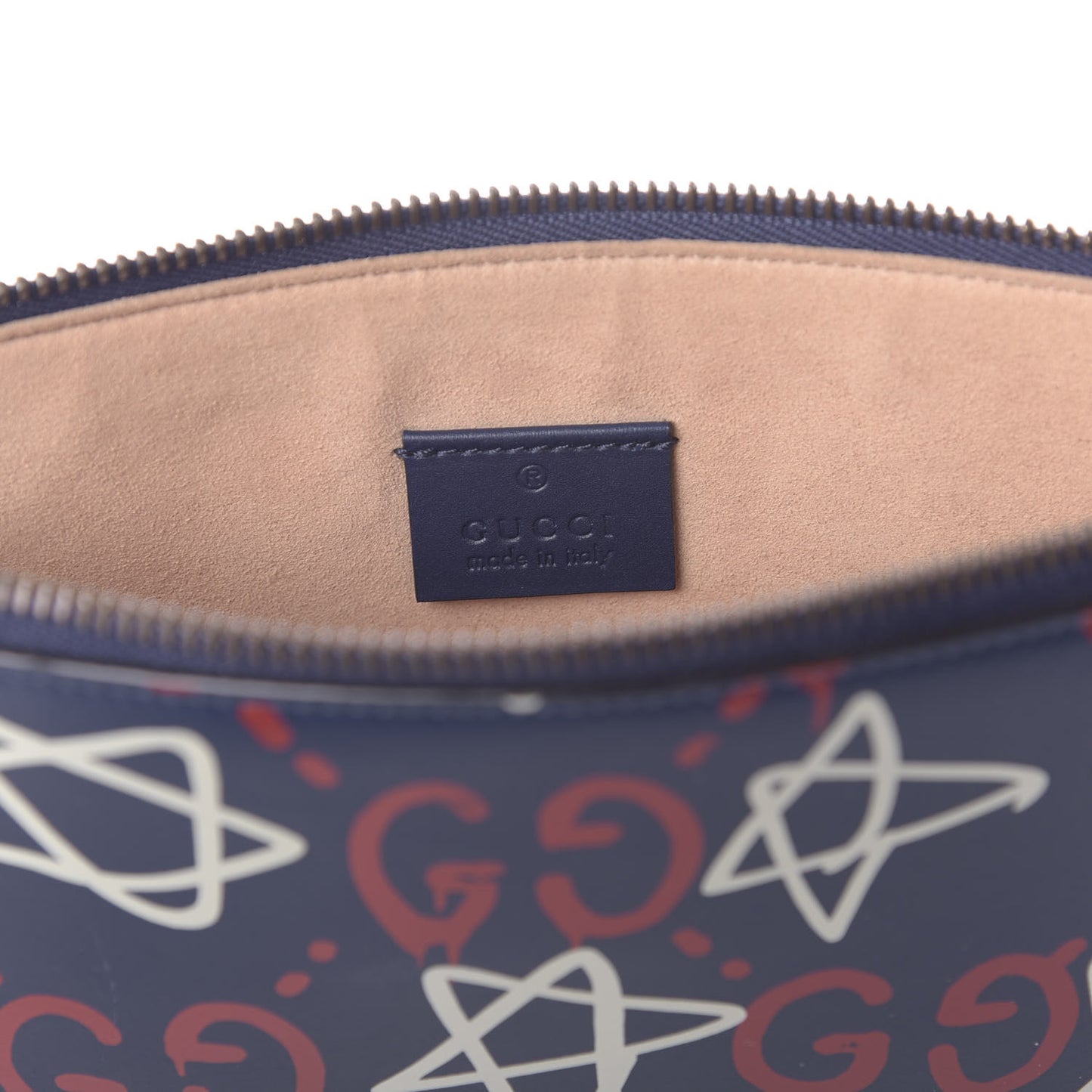 Calfskin GucciGhost Print Pouch Blue Agata Hibiscus Red