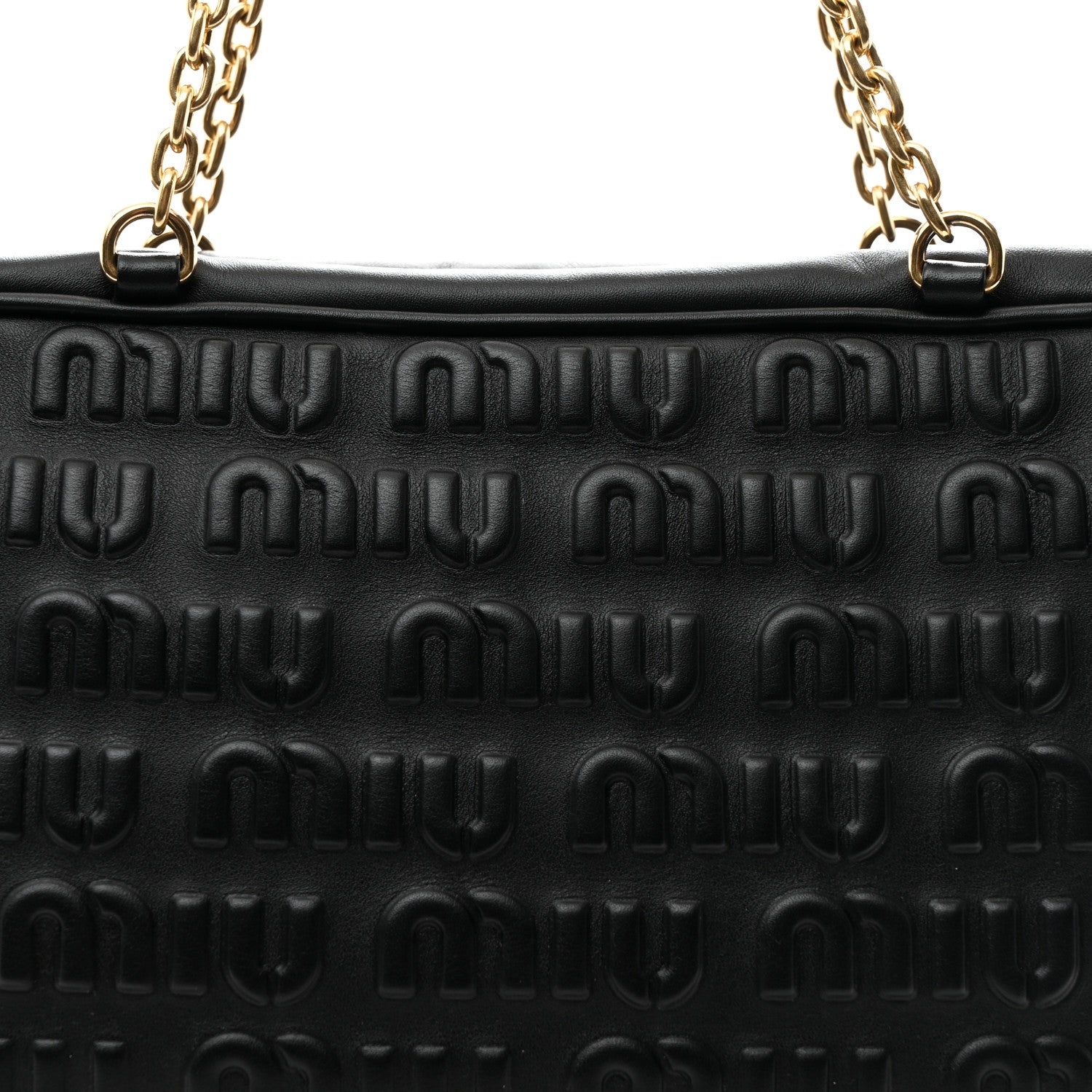 MIUMIU エンボスロゴ　バッグ 人気【MIU MIU】☆エンボスロゴレザー トップハンドルバッグ .黒
