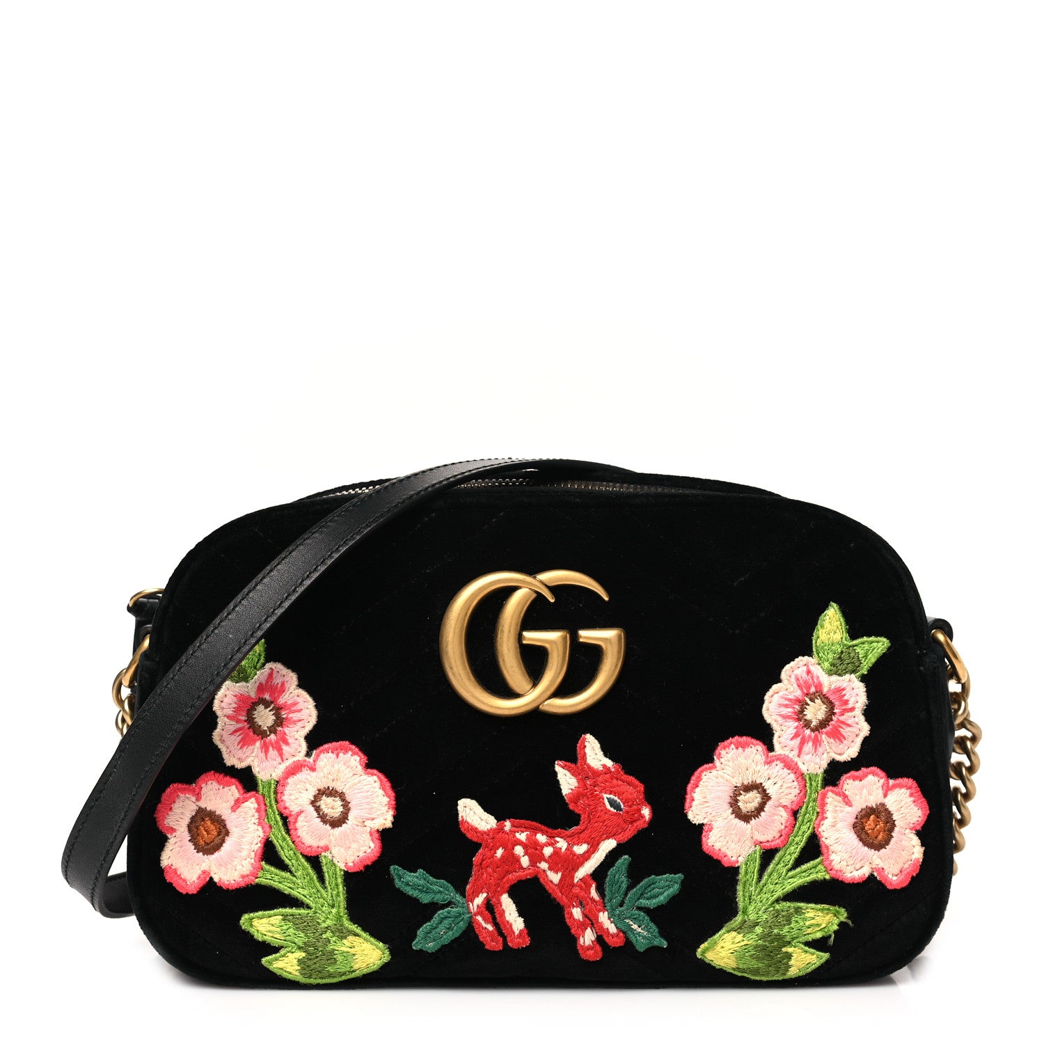 Gucci Velvet Matelasse Deer Embroidered Small GG Marmont Chain Shoulder Bag Black 1 of 11
