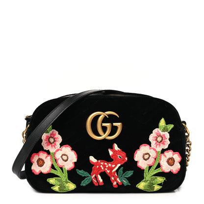 Gucci Velvet Matelasse Deer Embroidered Small GG Marmont Chain Shoulder Bag Black 1 of 11