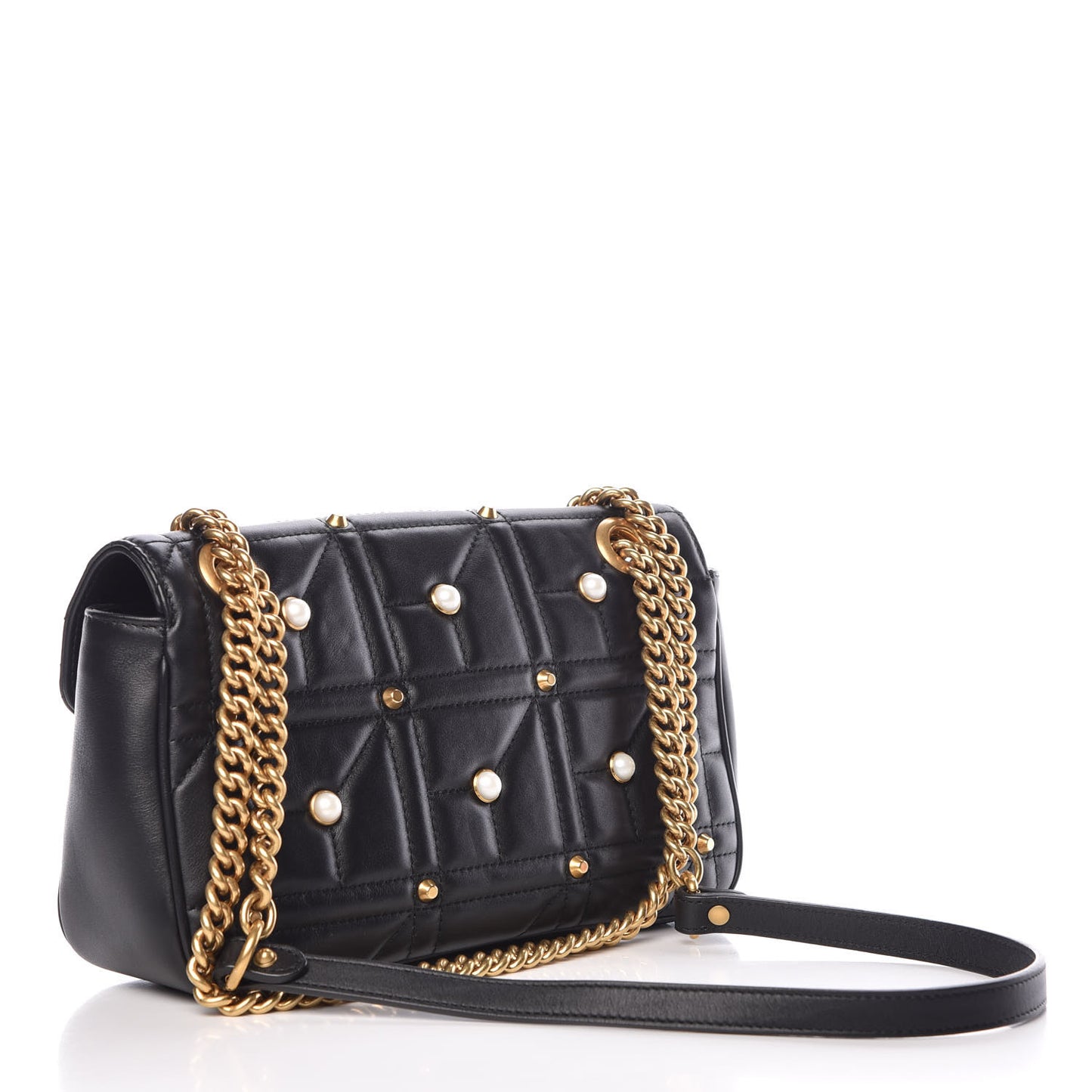 Calfskin Matelasse Studded Small Pearly GG Marmont Shoulder Bag Black