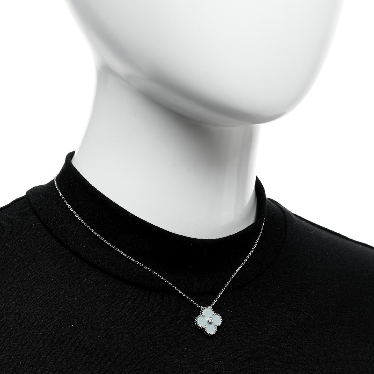 18K White Gold Diamond Celadon Green Sevres Porcelain Vintage Alhambra Pendant Necklace