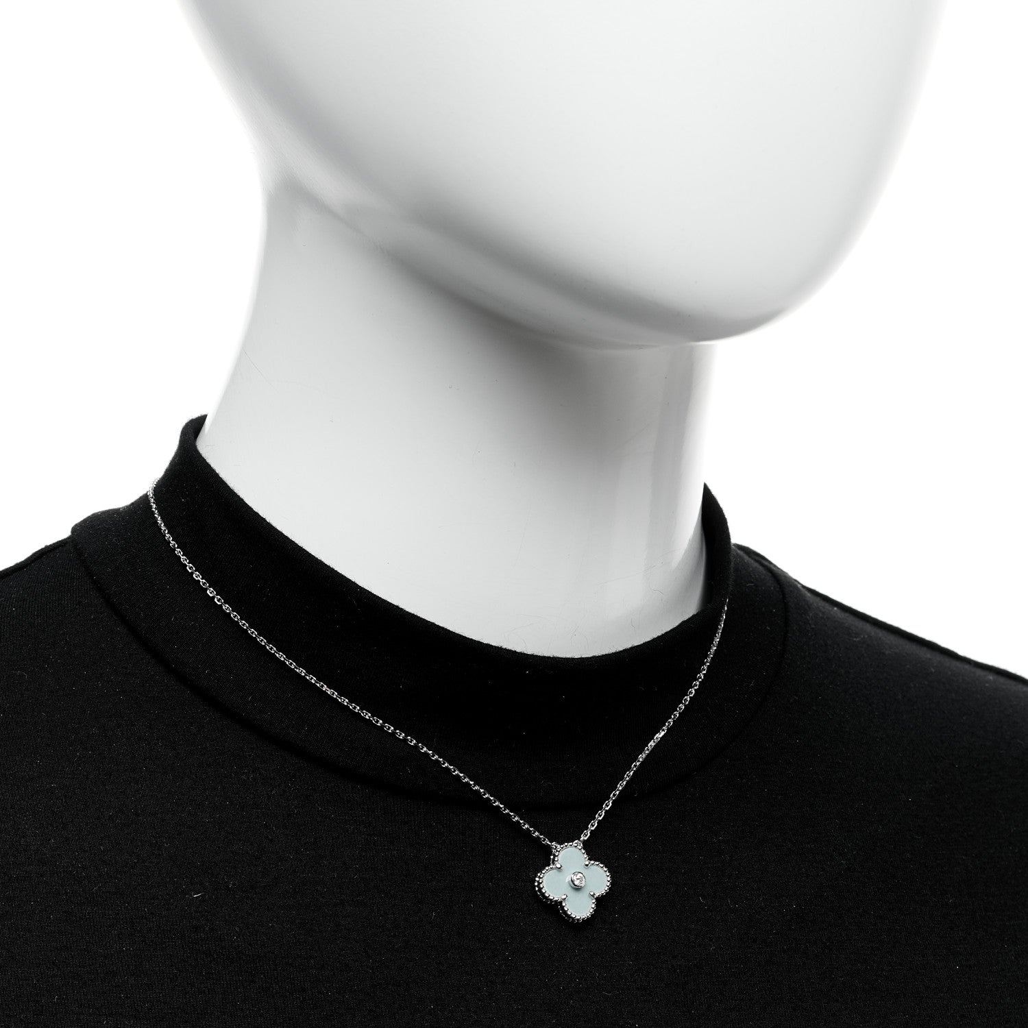 Van Cleef & Arpels 18K White Gold Diamond Celadon Green Sevres Porcelain Vintage Alhambra Pendant Necklace 2 of 6