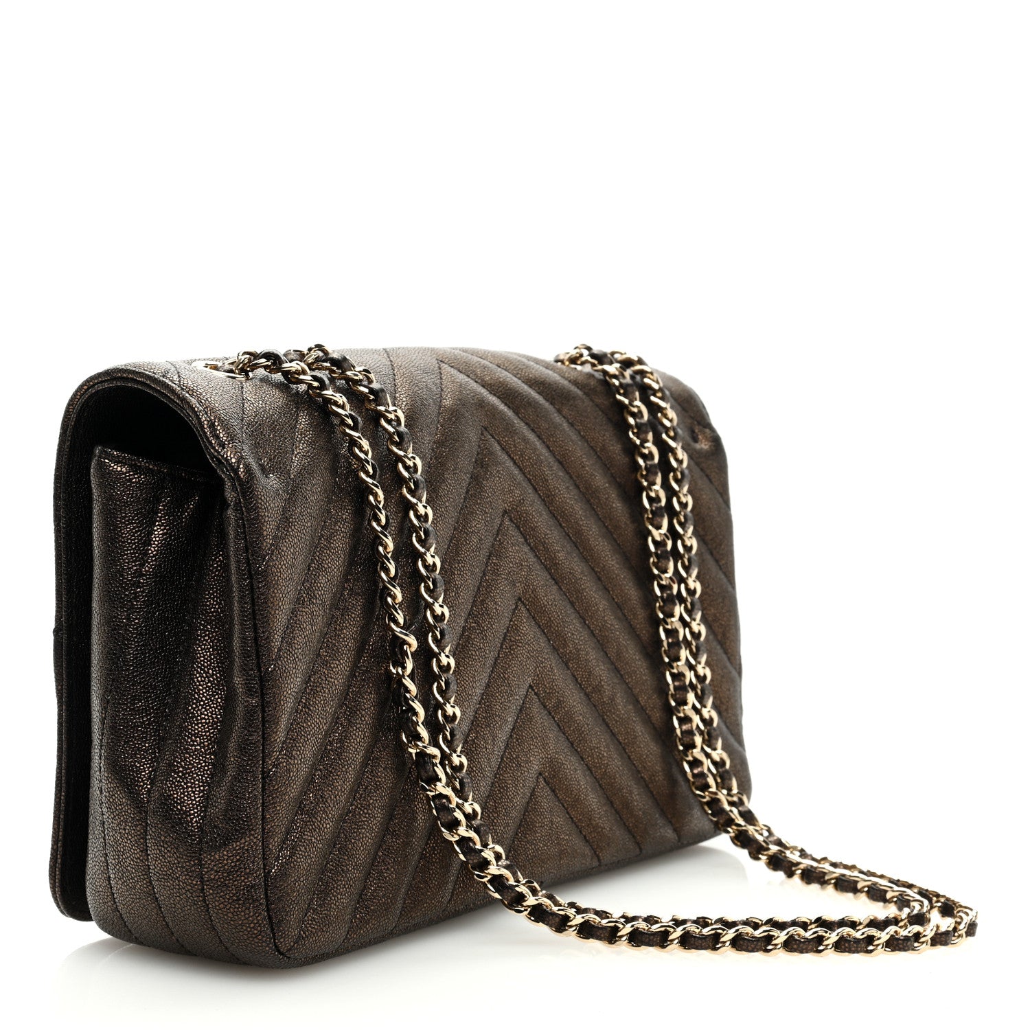 Chanel Metallic Caviar Chevron Quilted Medium Statement Flap Bronze 3 of 9