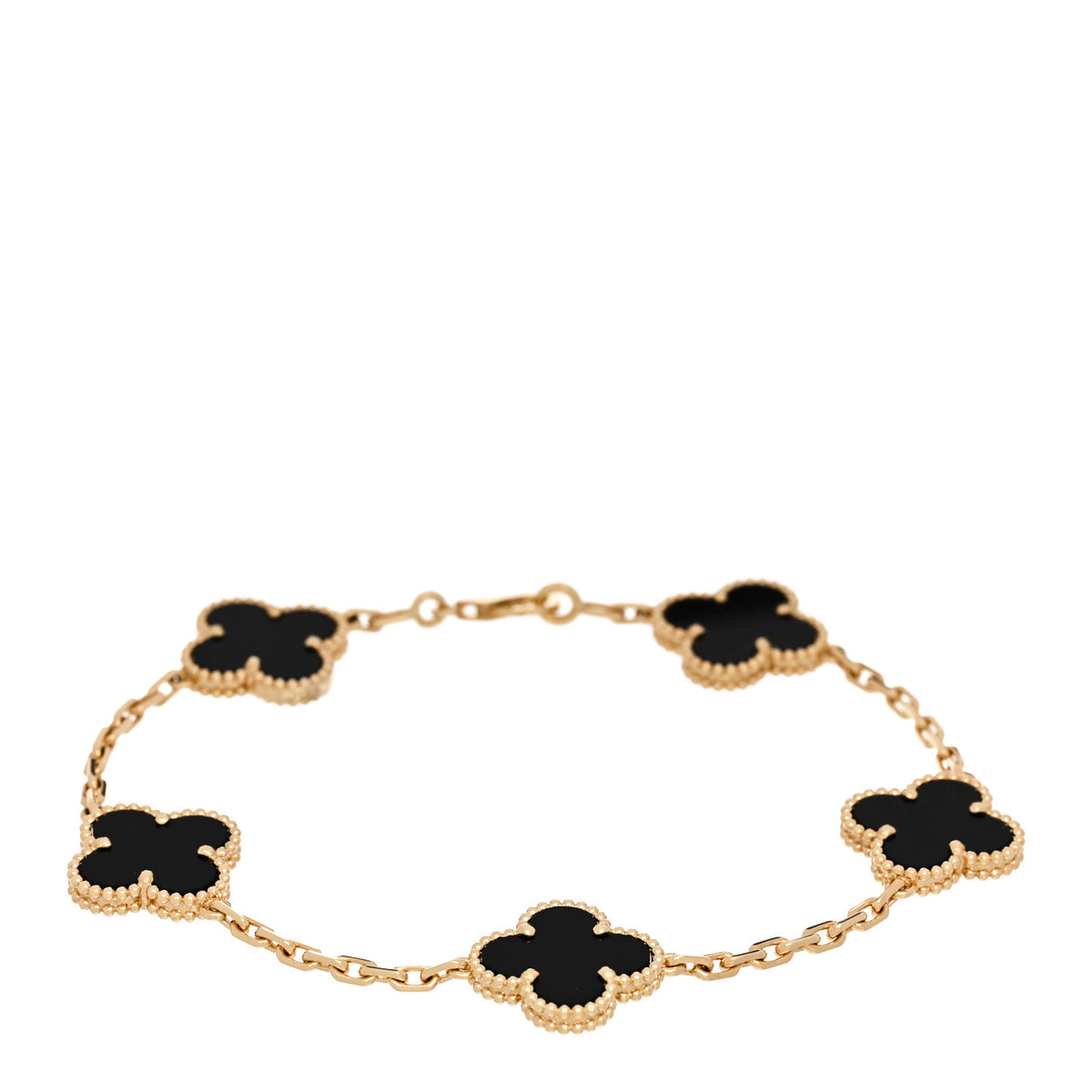 18K Yellow Gold Black Onyx 5 Motifs Vintage Alhambra Bracelet