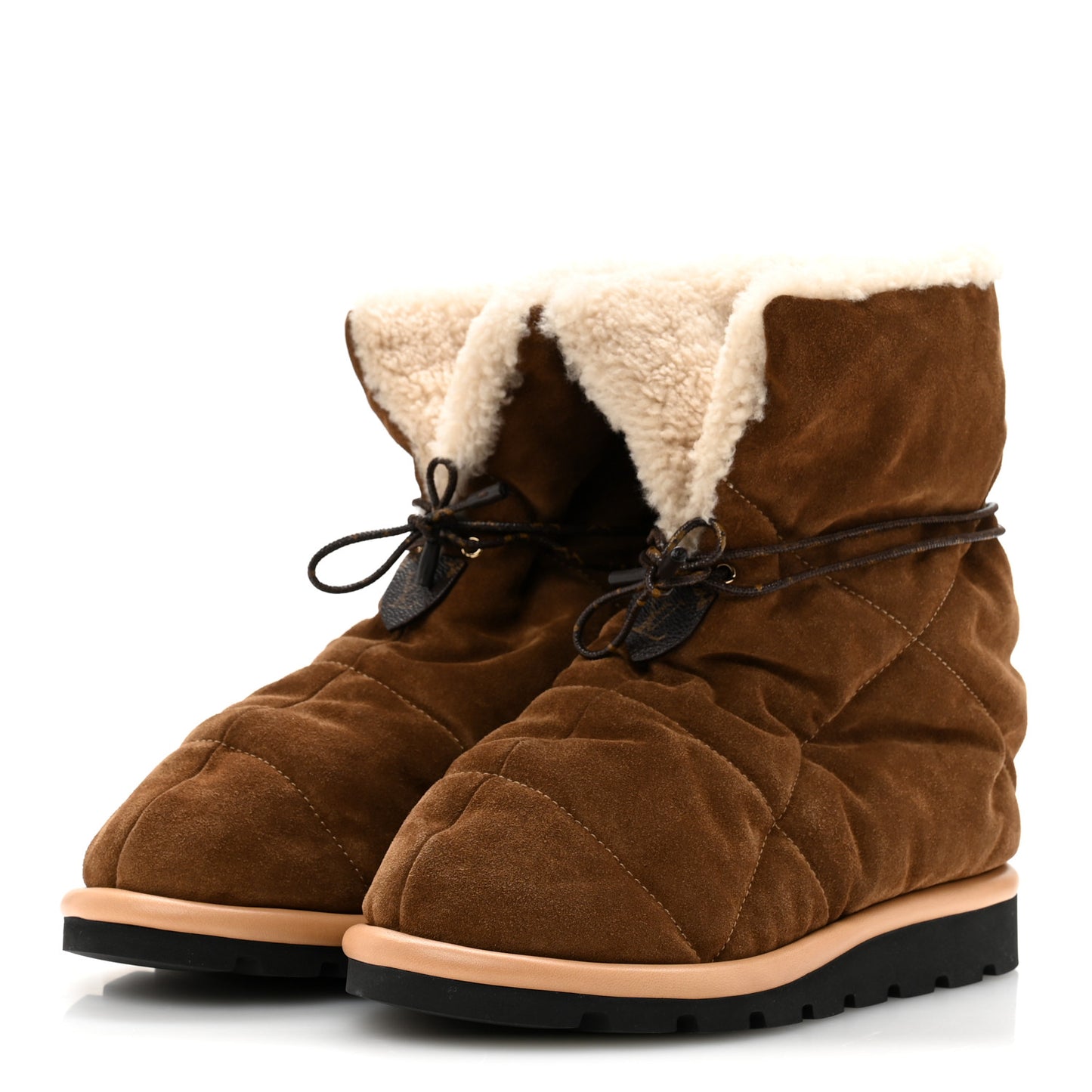 Suede Shearling Quilted Flat Ankle Boot 38 Beige