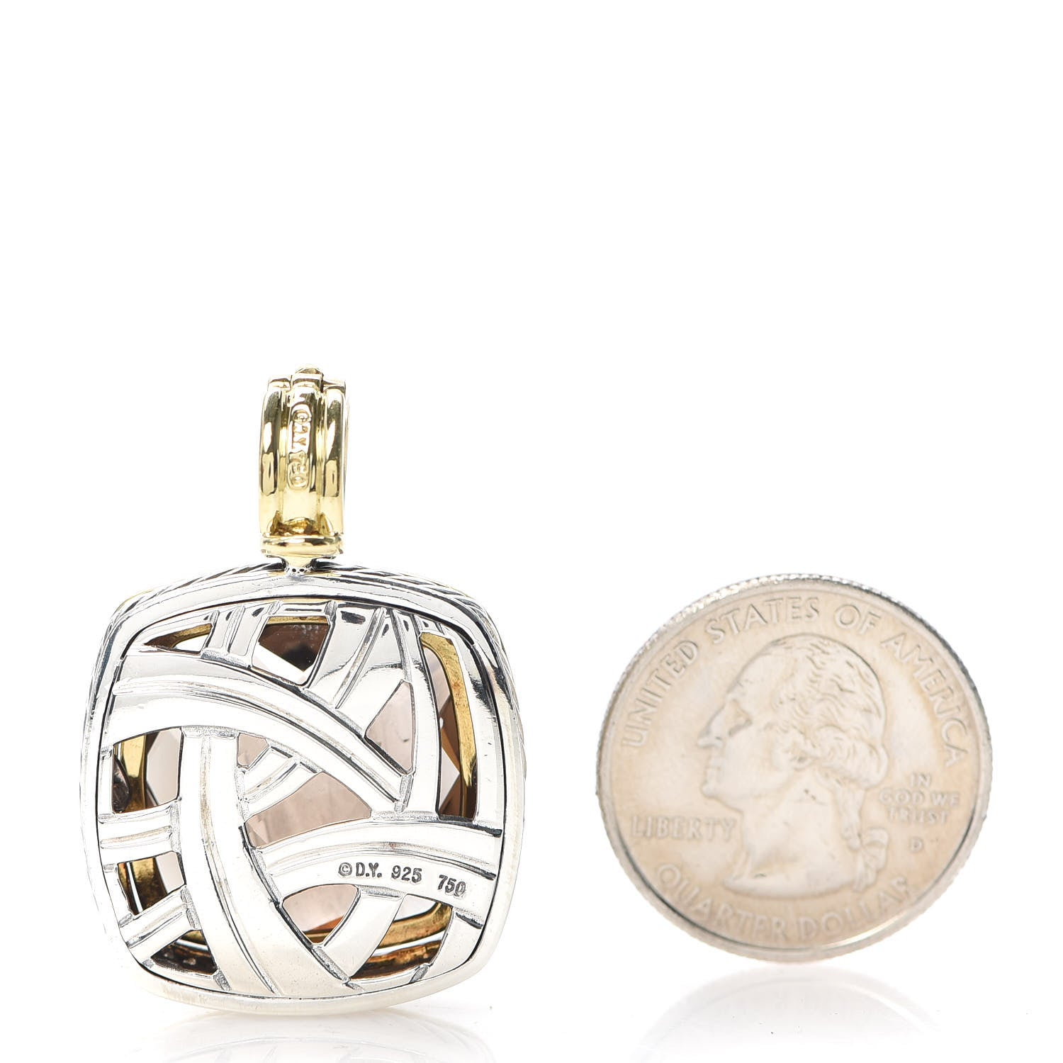 David Yurman Sterling Silver 18K Yellow Gold Diamond Smoky Quartz 20mm Albion Enhancer Pendant 2 of 3