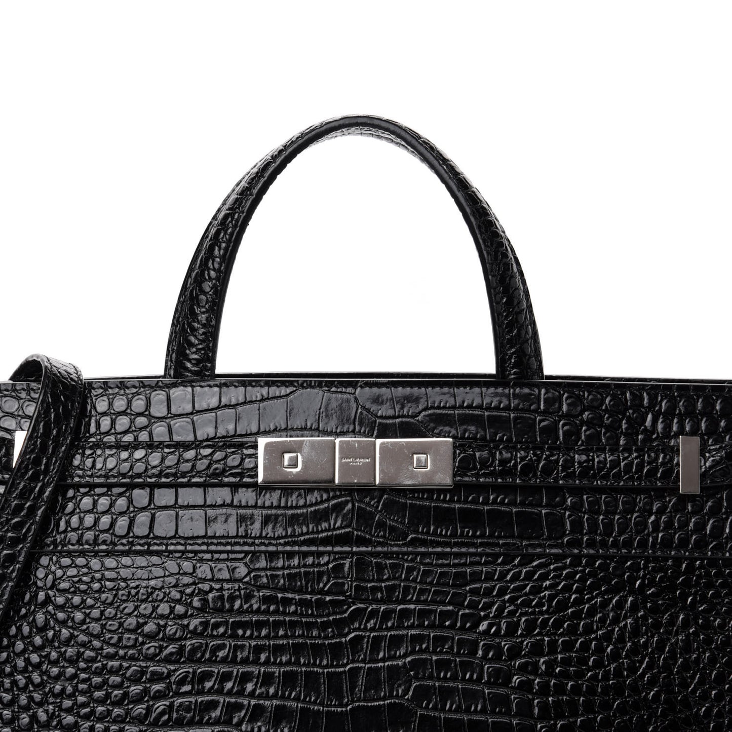 Shiny Calfskin Crocodile Embossed Small Manhattan Shopper Tote Black