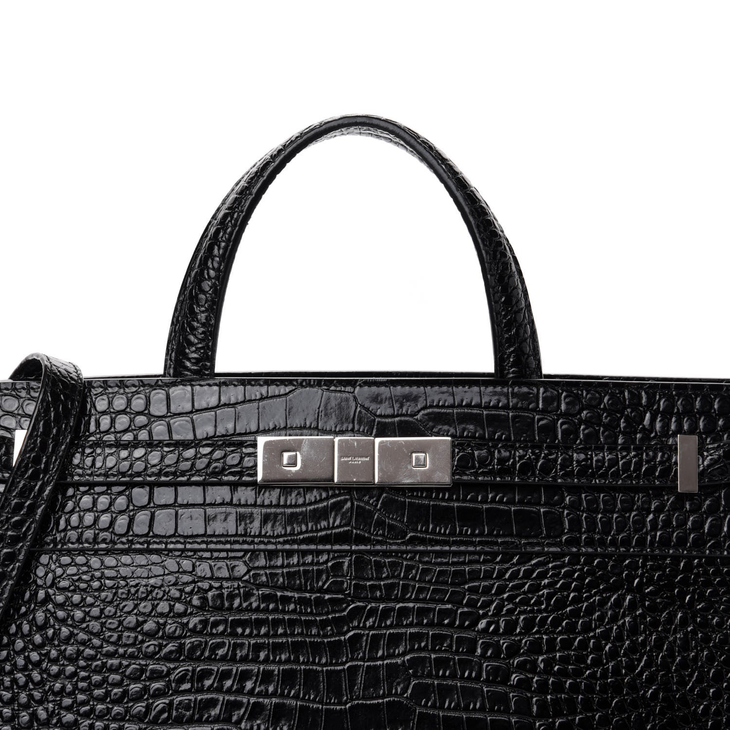 Saint Laurent Shiny Calfskin Crocodile Embossed Small Manhattan Shopper Tote Black 11 of 11