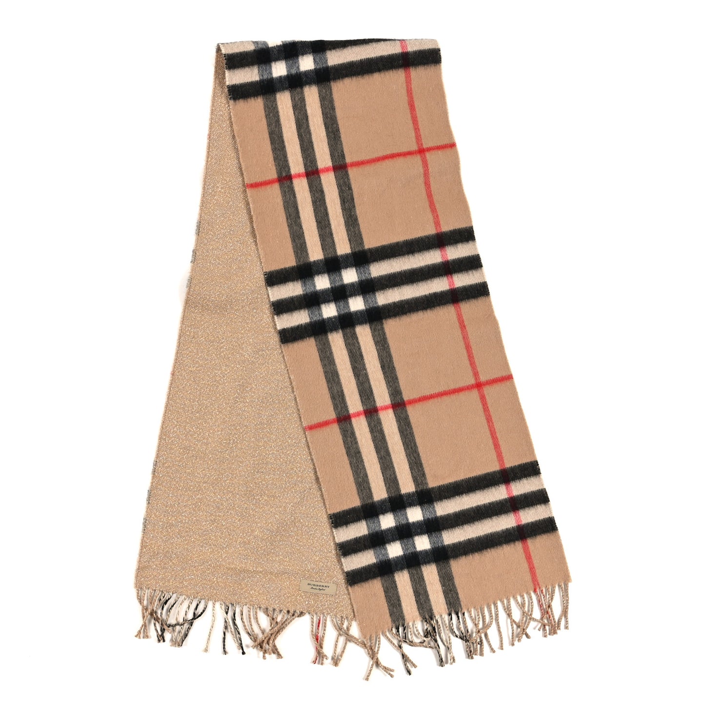 Cashmere Glitter Giant Check Fringe Scarf Camel