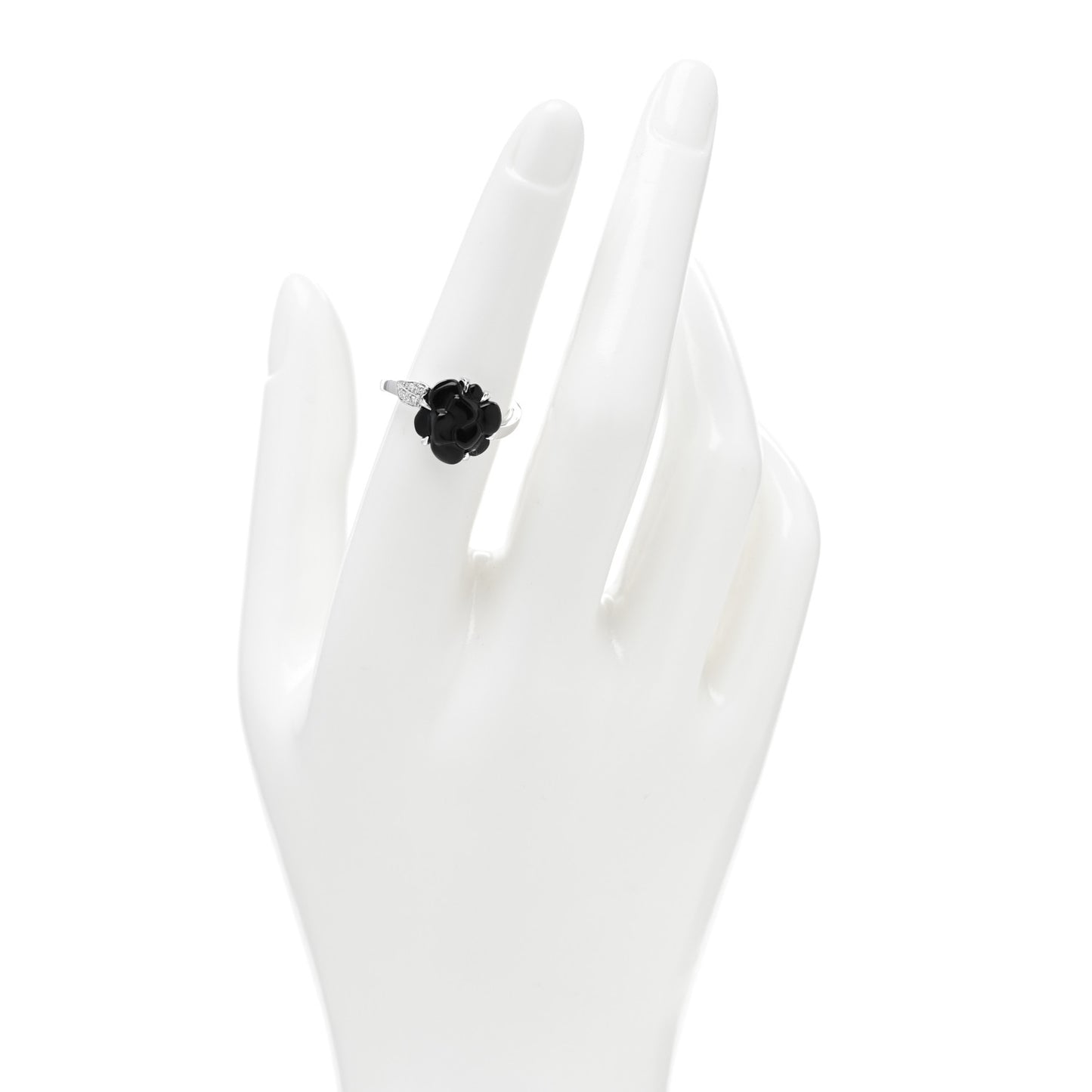 18K White Gold Diamond Onyx Camellia Ring 53 6.5
