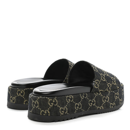 Gucci Jacquard Black Denim GG Monogram Angelina Platform 55mm Slide Sandals 38.5 Black Ivory 4 of 9