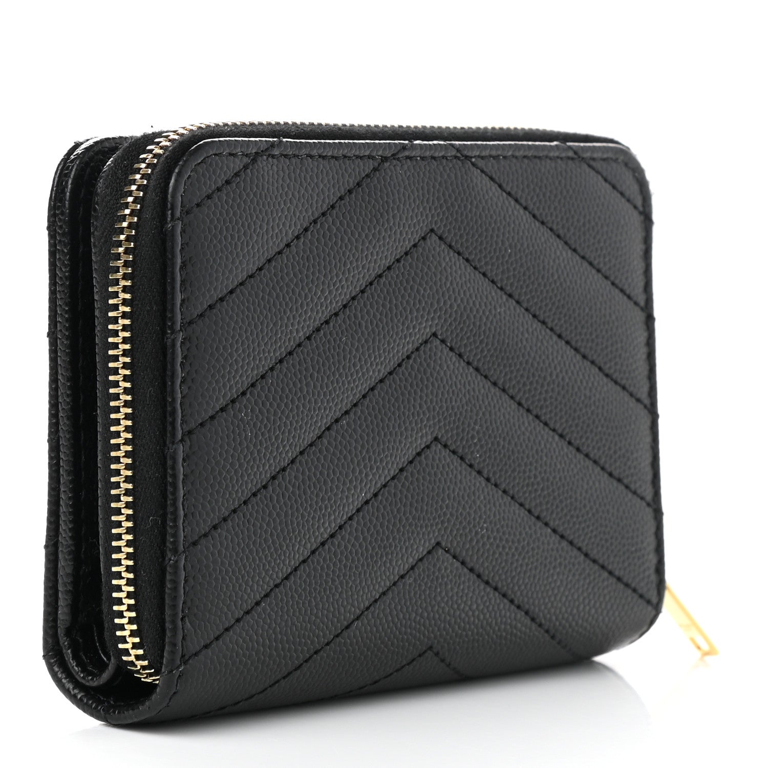 Saint Laurent Grain De Poudre Matelasse Chevron Monogram Compact Zip Around Wallet Black 3 of 9