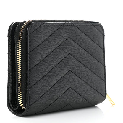Saint Laurent Grain De Poudre Matelasse Chevron Monogram Compact Zip Around Wallet Black 3 of 9