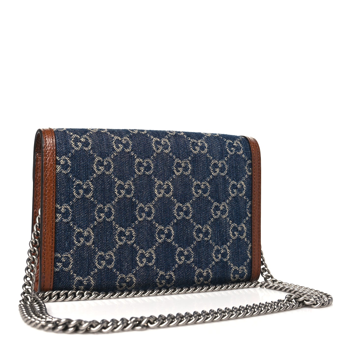 New Denim GG Monogram Dollar Calfskin Enamel Mini Dionysus Chain Wallet Blue Tea Cuir Epilog Electric Blue