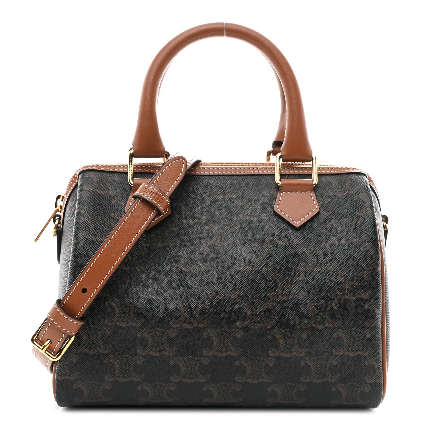 Celine Triomphe Canvas Calfskin Small Boston Bag Tan 1 of 11