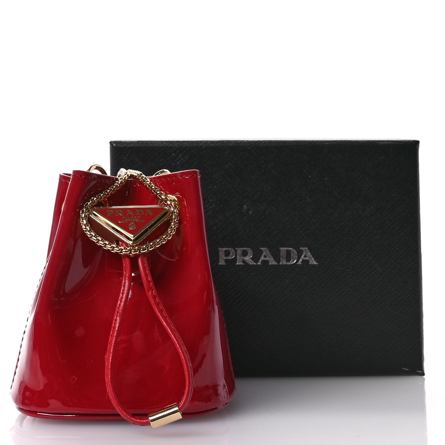 Prada Vernice Metal Triangle Logo Mini Drawcord Pouch Shoulder Bag Cherry 12 of 12