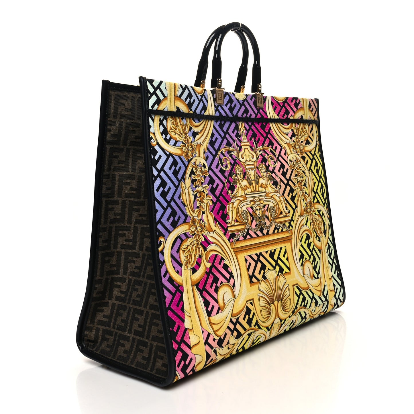 X VERSACE Canvas Printed Plexiglass Fendace FF Baroque XL Fendi Sunshine Shopper Tote Gold