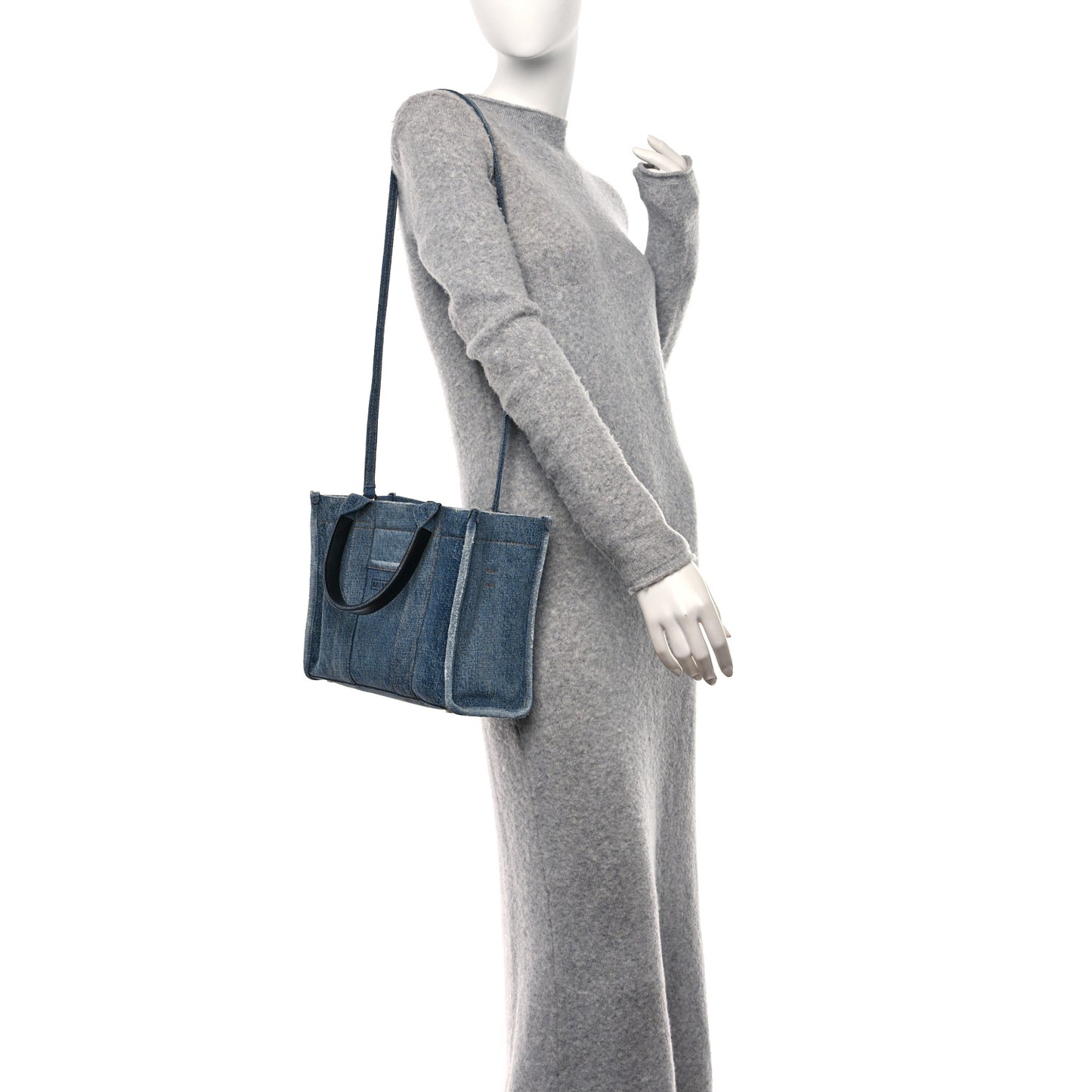 Washed Frayed Denim Logo Small Hardware Tote Blue