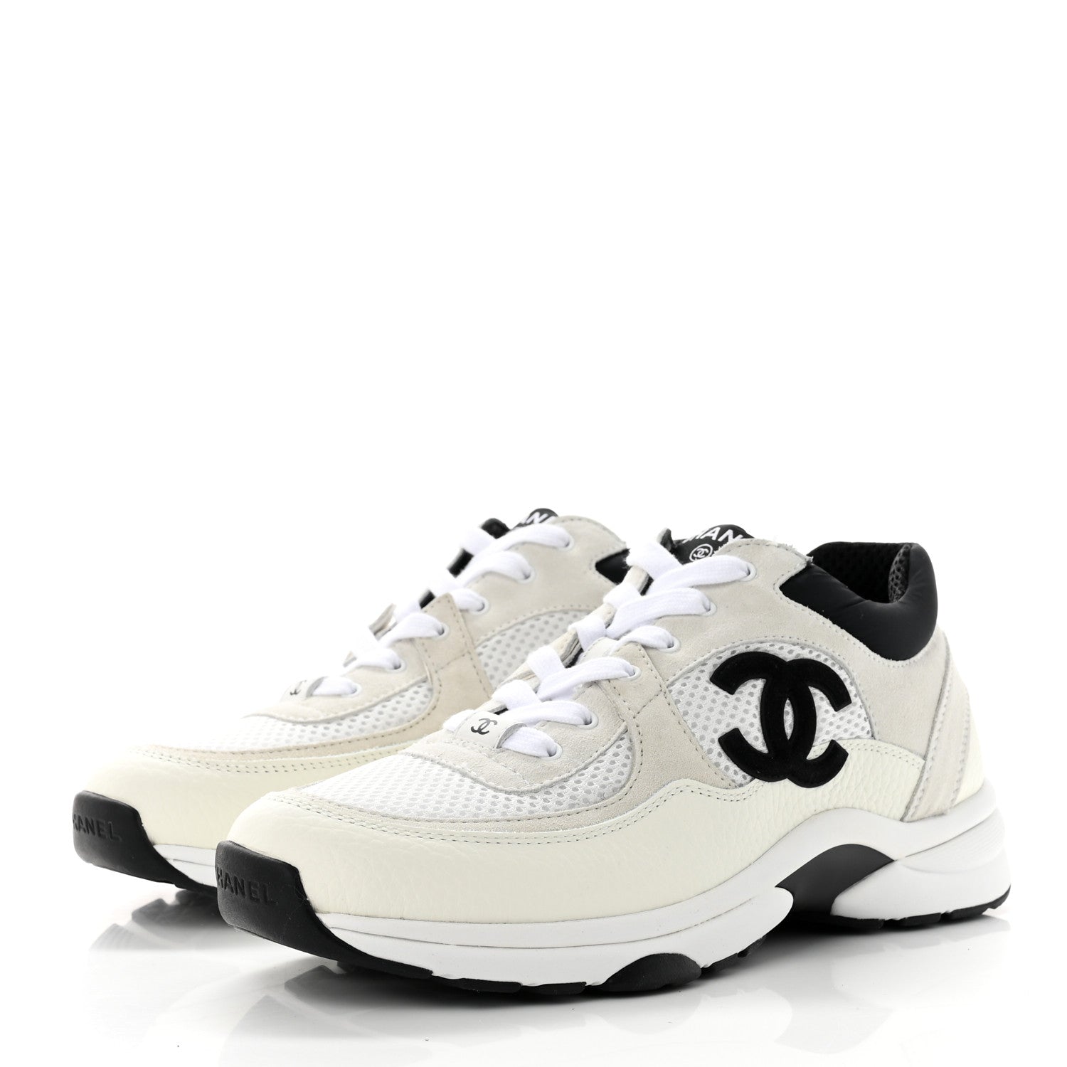 Chanel Mesh Suede Calfskin Grained Calfskin Womens CC Sneakers 38.5 White Black 3 of 7