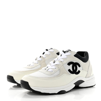 Chanel Mesh Suede Calfskin Grained Calfskin Womens CC Sneakers 38.5 White Black 3 of 7