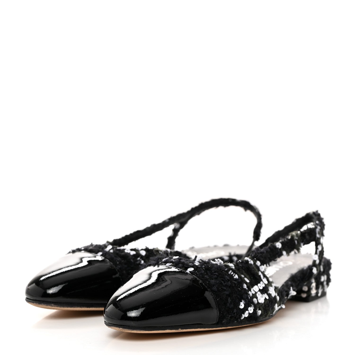 Chanel Tweed Sequin Patent Cap Toe CC Slingback Flats 37 Black 4 of 9