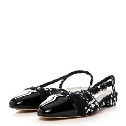 Chanel Tweed Sequin Patent Cap Toe CC Slingback Flats 37 Black 4 of 9