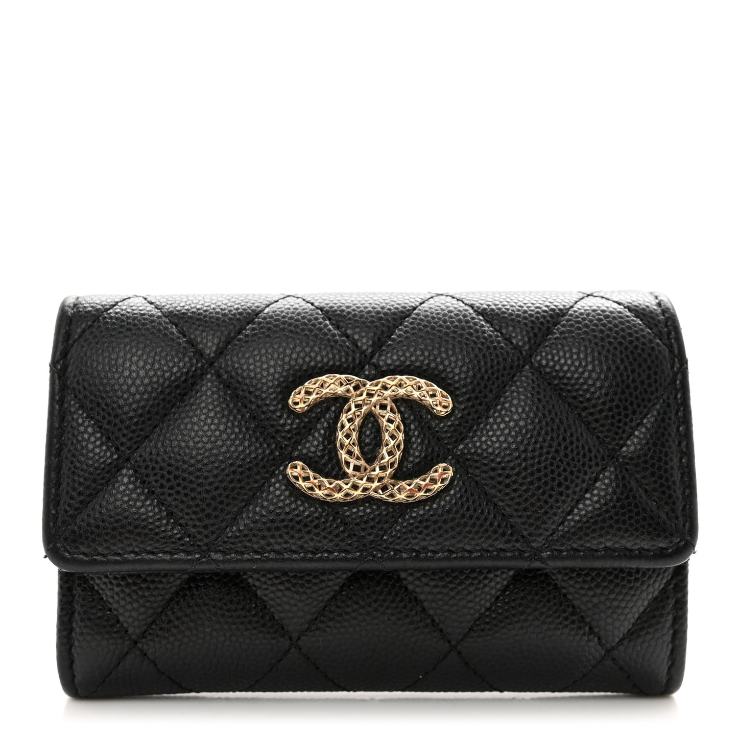 Caviar Metal Perforated Quilted CC Flap Card Holder Black