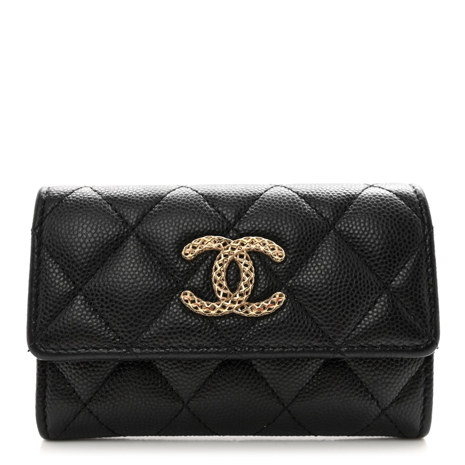 Chanel Caviar Metal Perforated Quilted CC Flap Card Holder Black 1 of 8