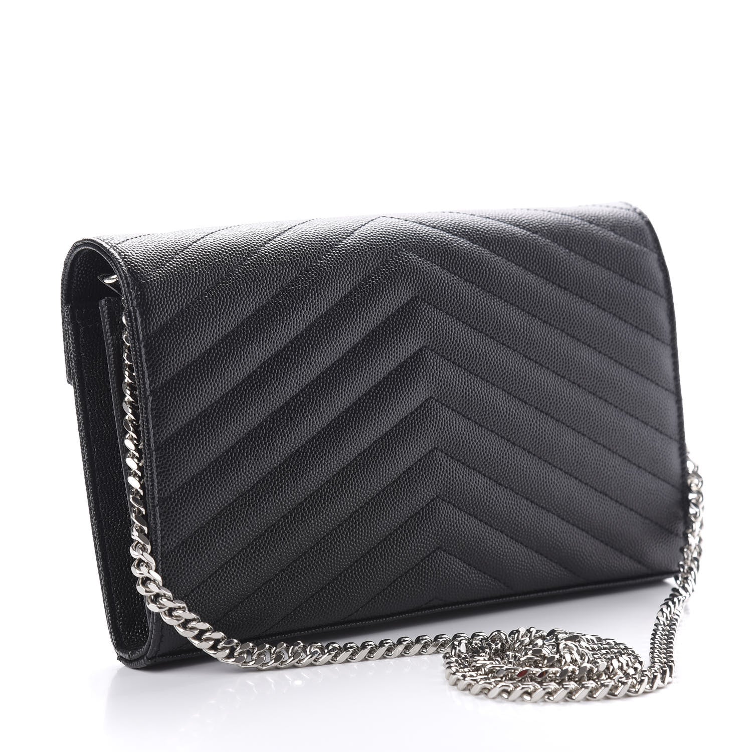 Saint Laurent Grain De Poudre Matelasse Chevron Monogram Chain Wallet Black 3 of 9