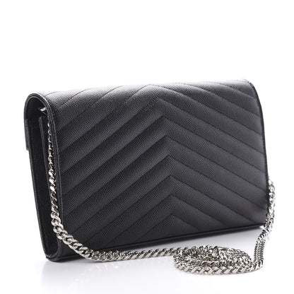 Saint Laurent Grain De Poudre Matelasse Chevron Monogram Chain Wallet Black 3 of 9
