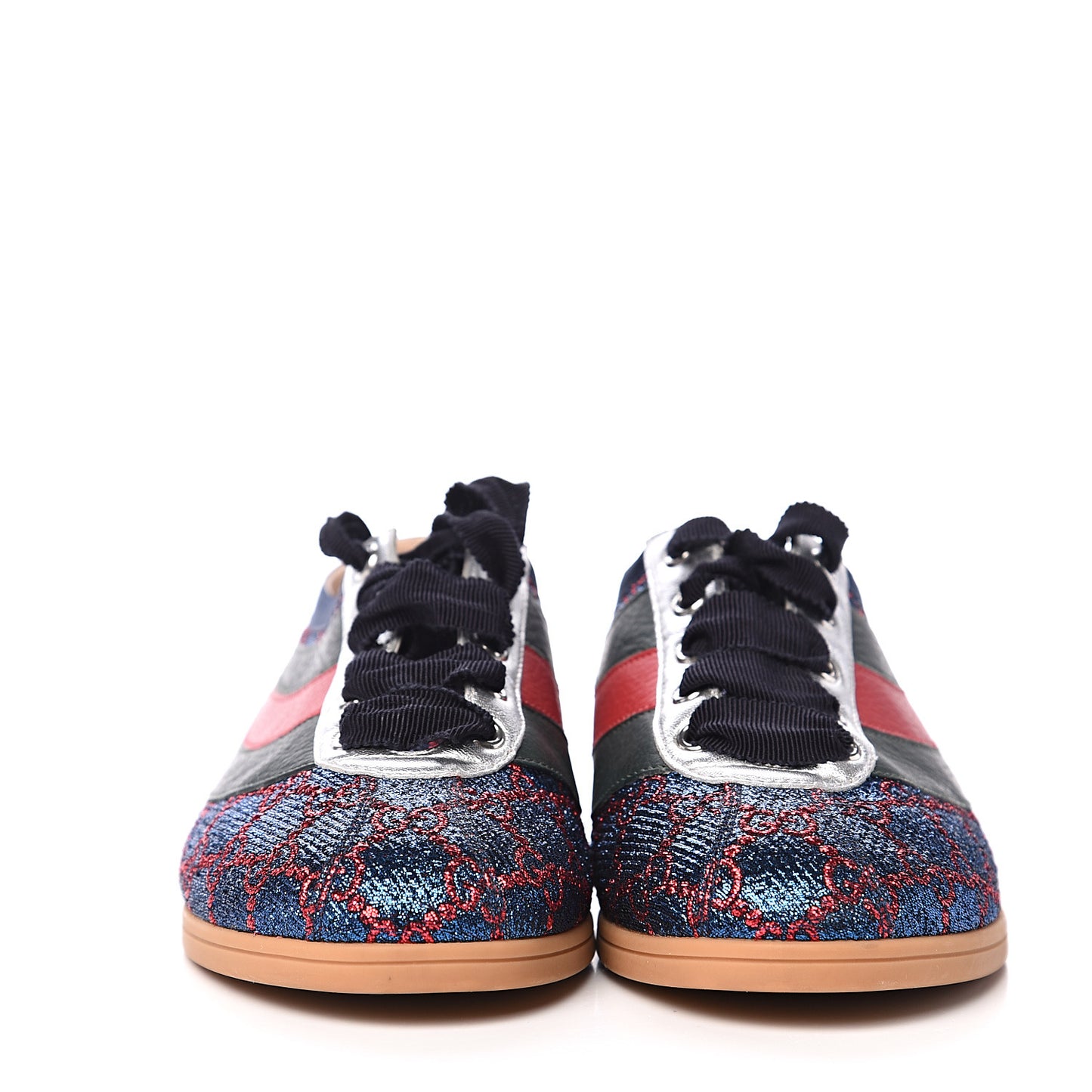 Lurex Calfskin Web GG Monogram Womens Falacer Sneakers 37.5 Iridescent Blue Iridescent Red Silver