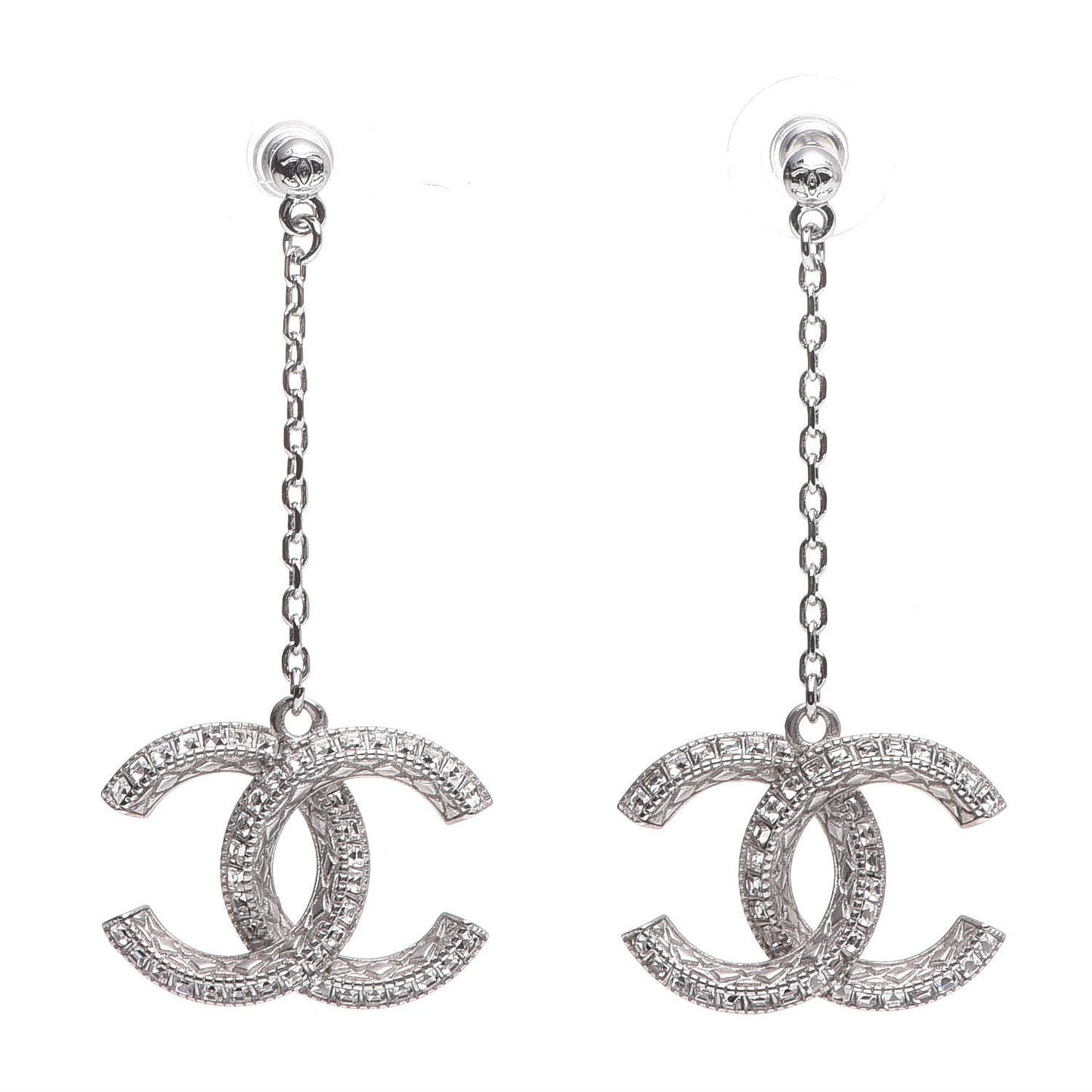 Baguette Crystal CC Drop Earrings Silver