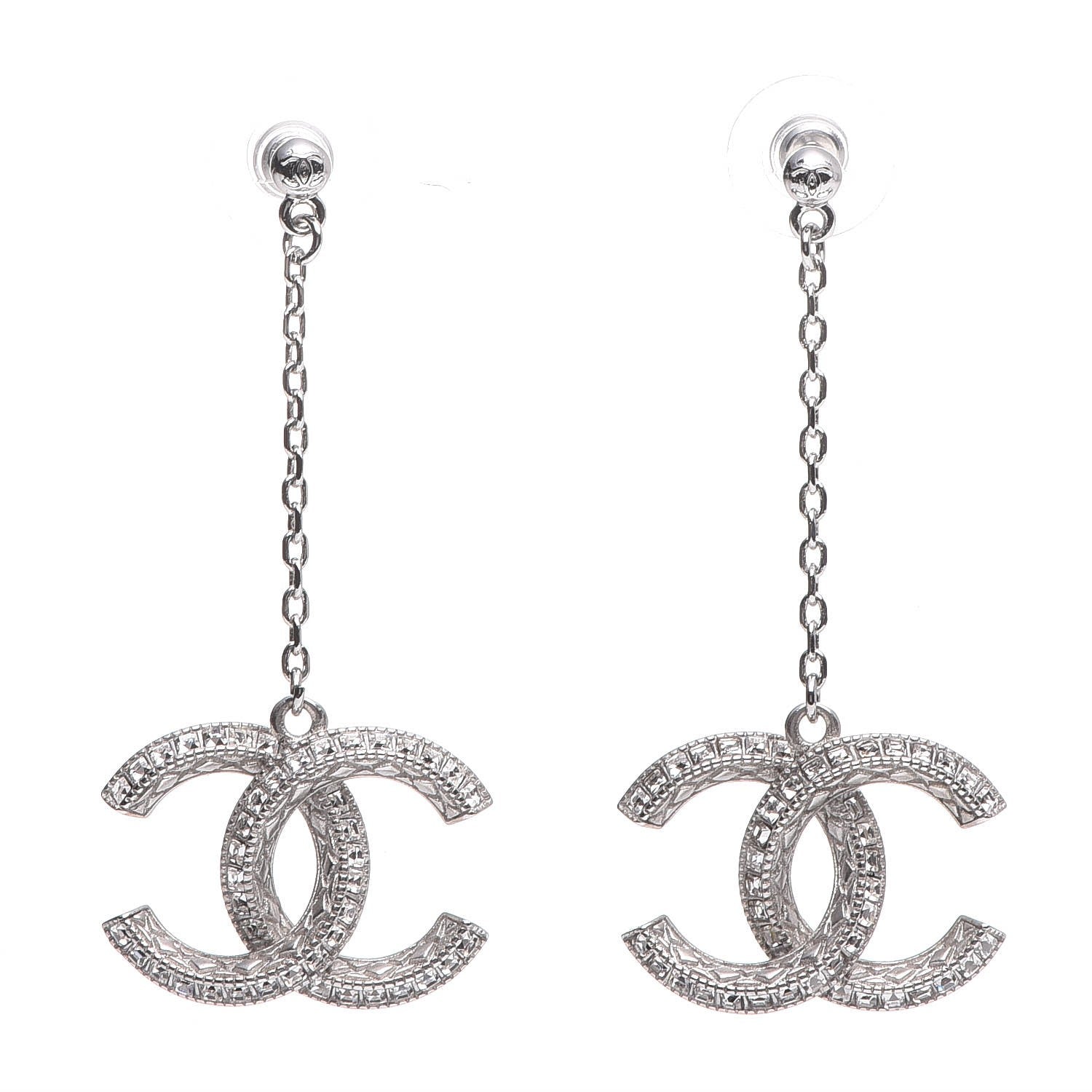 Chanel Baguette Crystal CC Drop Earrings Silver 1 of 5